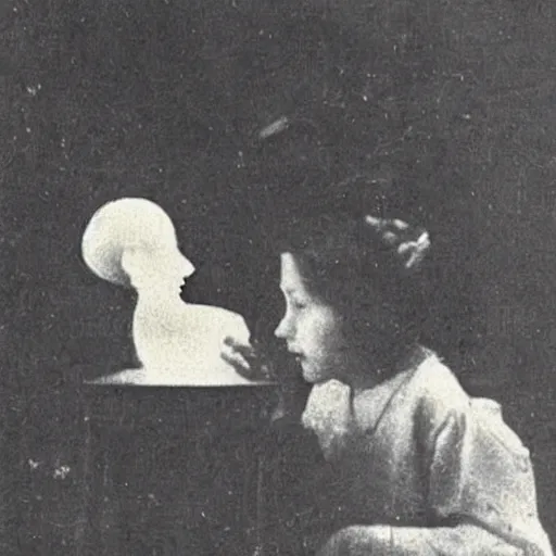 Prompt: creepy!!!!!!!!! 1920 photo taken during a séance showing a spirit medium manifesting ectoplasm