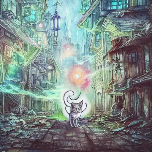 Prompt: ghostly haunted cat strolling through a twisted alien city, watercolour painting, oil painting, watercolour, colourful, intricate, detailed, concept art, cinematic, trippy, psychedelic