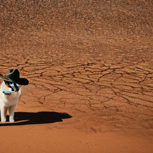 Prompt: a cat wearing a cowboy hat in the desert