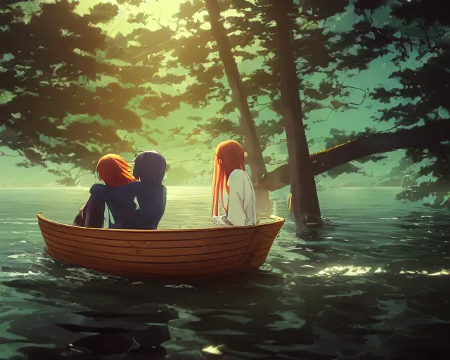 Image similar to one boy and one girl with long flowing auburn hair sitting together in a one single boat. Atmospheric lighting, long shot, romantic, boy and girl are the focus, trees, blue water. Anime. By Makoto Shinkai, Stanley Artgerm Lau, WLOP, Rossdraws, James Jean, Andrei Riabovitchev, Marc Simonetti, krenz cushart, Sakimichan, D&D trending on ArtStation, digital art.