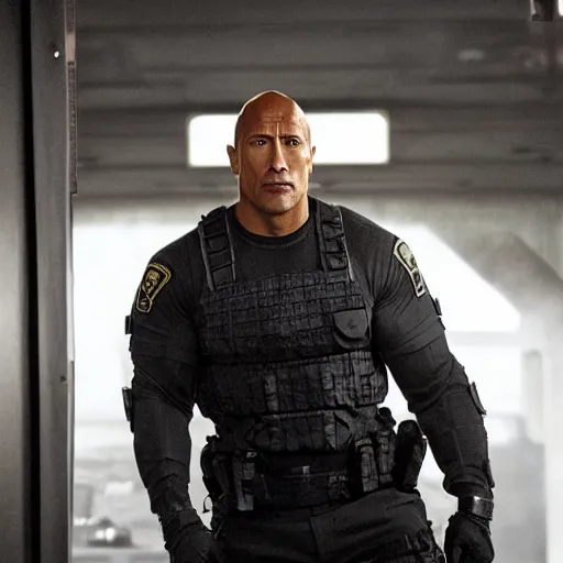 Image similar to Dwayne Johnson as swat in movie directed by Christopher Nolan