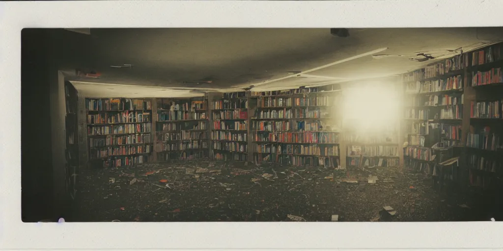 Prompt: analog polaroid of an abandoned library, colored books, dusty, lens flare, ambient lighting, color bleed