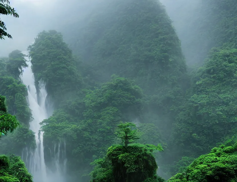 Image similar to a cinematic widescreen photo of epic ancient japanese temples with hot springs on the top of a mountain in a misty bamboo cloud forest with colossal waterfalls at dawn by lee madgewick and studio ghibli and roger dean