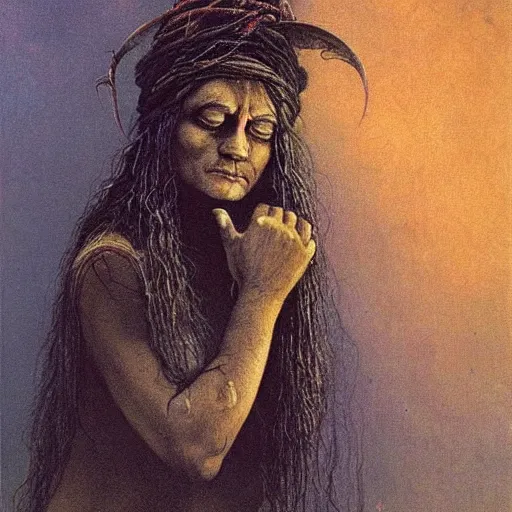 Image similar to a beautiful young indian cottagecore witch, highly detailed, masterpiece, illustrated, art by brom and beksinski