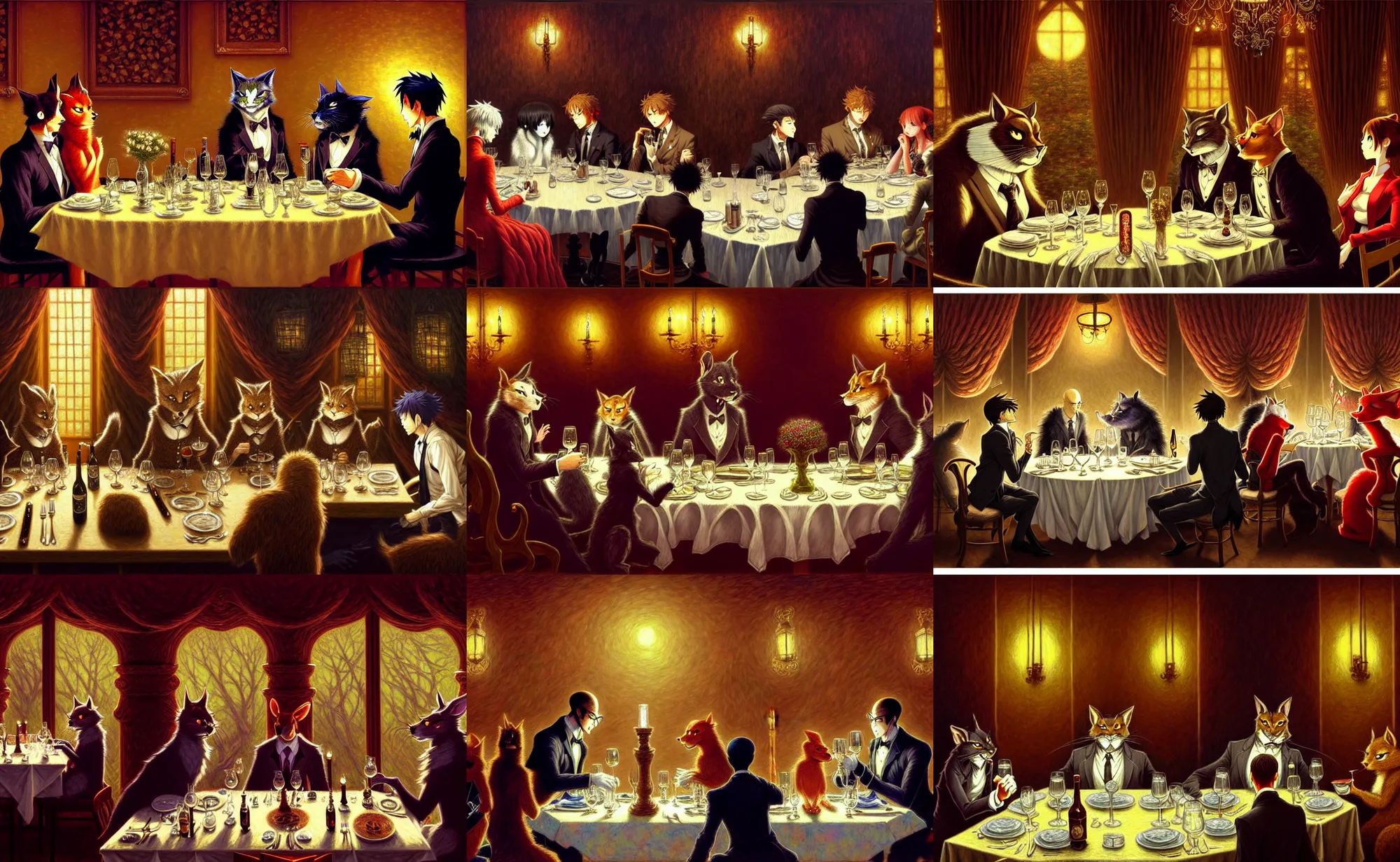 Prompt: a romantic dinner date fancy restaurant scene, but it's all furry anthro fursonas, anime manga drawing in the style of beastars. trending on pixiv and artstation. an absurdly detailed oil painting, by james gurney, dan mumford, wayne reynolds, ron spencer, gustave dore, charles monet