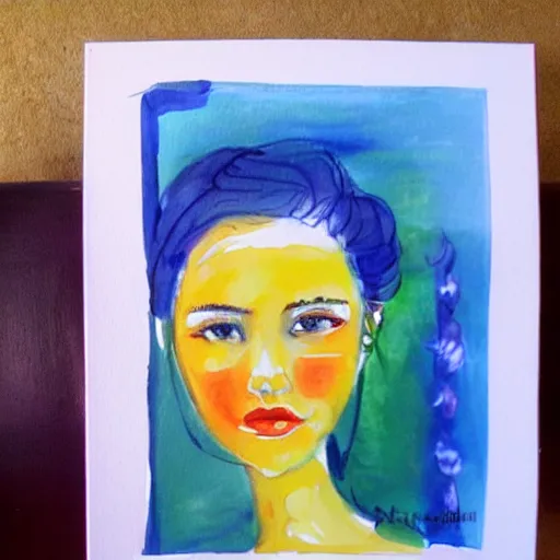 Image similar to painter girl painting on a canvas water colour painting