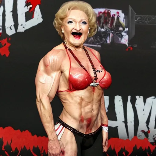 Image similar to betty white muscular wwe world champion wrestling zombies