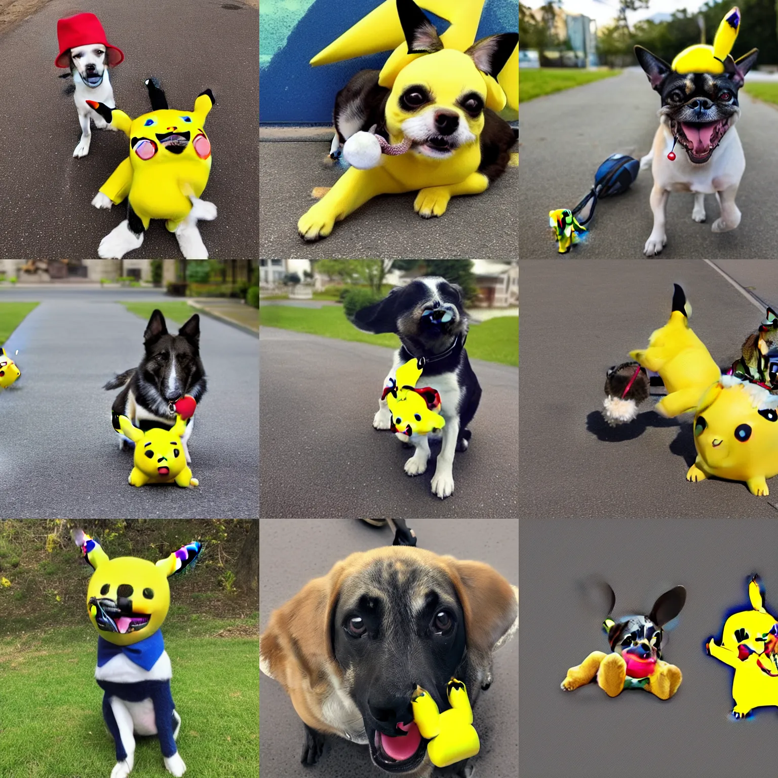Prompt: photo of a dog with a caught pikachu in mouth