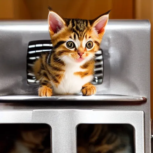 Image similar to a tabby kitten inside a kitchen oven looking at camera