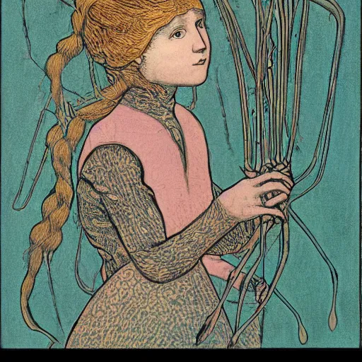 Prompt: a girl with a spider, colored woodcut, flat pastel colors, by Mackintosh, art noveau, by Ernst Haeckel