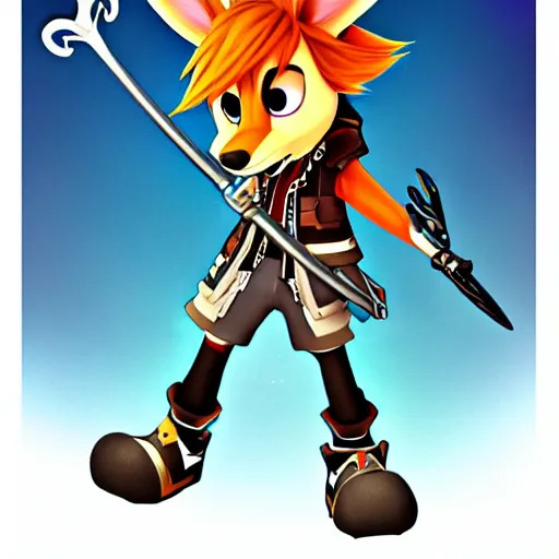 Prompt: sora, from kingdom hearts, holding the artemis keyblade, in the art style of zootopia