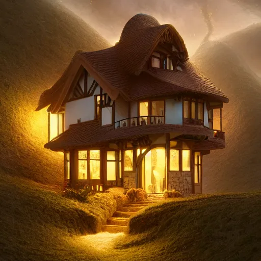 Image similar to ! dream small hillside house made of honey and milk, modern lighting, hyper - realistic, hyper - detailed, 8 k, octane rendered, art nouveau, organic, flowing, impossible torsion, writhing, dusk, lush, dynamic, in the style of ross tran and jean baptiste monge