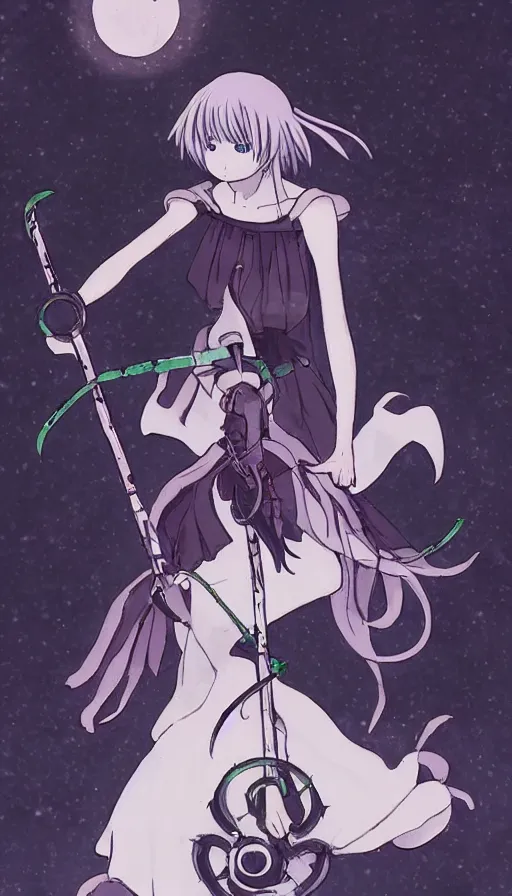 Image similar to the being death as a cute anime girl with a giant cute scythe from a studio ghibli film inspired by the death tarot card, dark ambiance