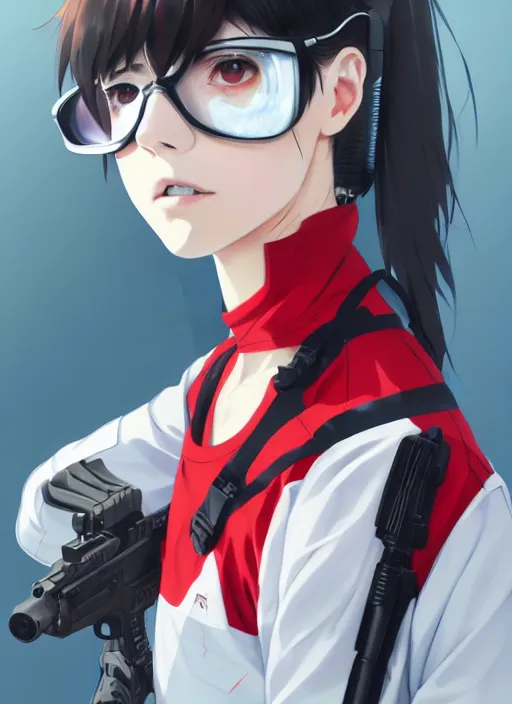 Prompt: a girl with red sports clothes, realistic airsoft mask, reflective lens, softair center landscape, illustration, concept art, anime key visual, trending pixiv fanbox, by wlop and greg rutkowski and makoto shinkai and studio ghibli and kyoto animation, airsoft cqb, symmetrical facial features, short hair, airsoft electric pistol, realistic anatomy