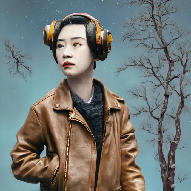 Prompt: highly detailed close portrait of androgynous girl wearing bakelite leather jacket, bakelite rocky mountains, japanese haunted forest, by hsiao - ron cheng and artgerm, modular synthesizer helmet backpack, the grand budapest hotel, glow, no crop, digital art, artstation, pop art, 1 0 5 mm canon, f 2. 8, kodak