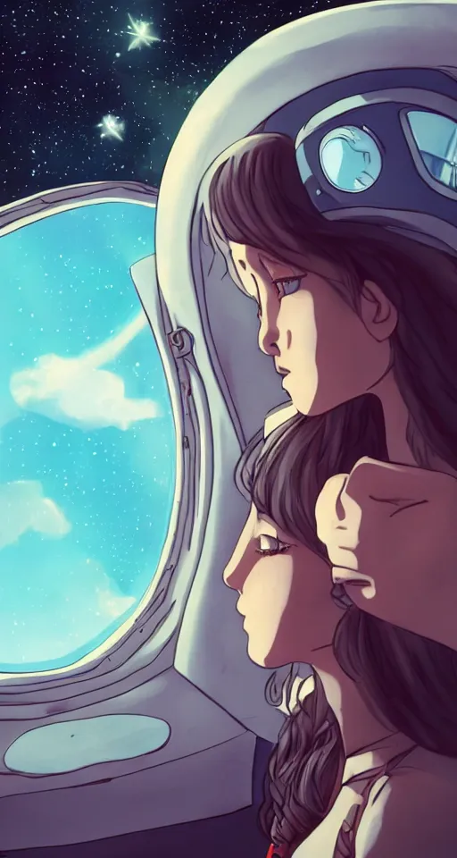 Image similar to a young cowgirl in space smoking a cigarette while looking out the window of her spaceship, sad and introspective, highly detailed, anime style