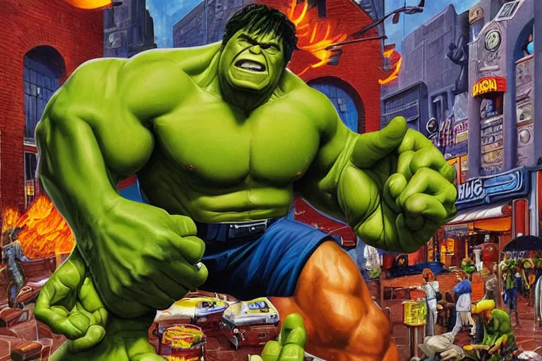 Prompt: the hulk working at burger king, oil on canvas, intricate, full scene, 8 k highly professionally detailed, hdr, joe jusko