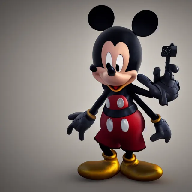 Prompt: ultra realistic mickey mouse wearing heavy armour and machine guns, dark cinematic, volumetric, realistic, 3 d render, realistic render, cinematic lighting, volumetric lighting, atmospheric, cinematic, unreal engine 5, unreal engine render, octane render, hd, photorealism, hyper realistic, photo, 8 k