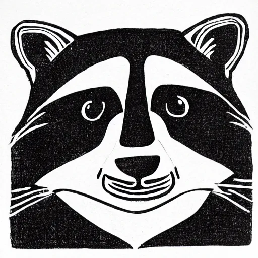 Prompt: raccoon, happy, block print, simple stylized, black ink on white paper