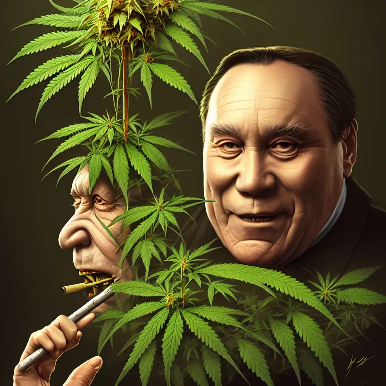 Prompt: a portrait of evil cannabis plant smoking premier francois legault illustrated by miyazaki by karol bak, james jean, tom bagshaw, rococo, sharp focus, trending on artstation, cinematic lighting, hyper realism, octane render, 8 k, hyper detailed, vivid, ultra detailed, highly detailed