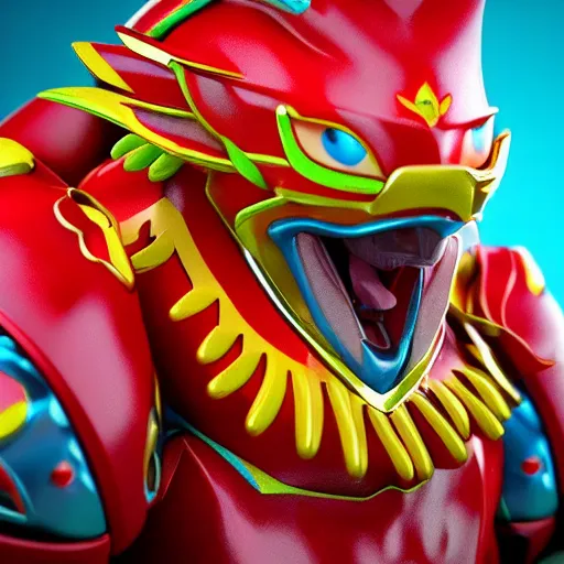 Prompt: close up 3 d toy garuda as funco toy, war cry, plastic, sss, octane 4 k render, studio lighting, artstation, cyan photographic backdrop, 1 0 5 mm, f 2. 8 aperture