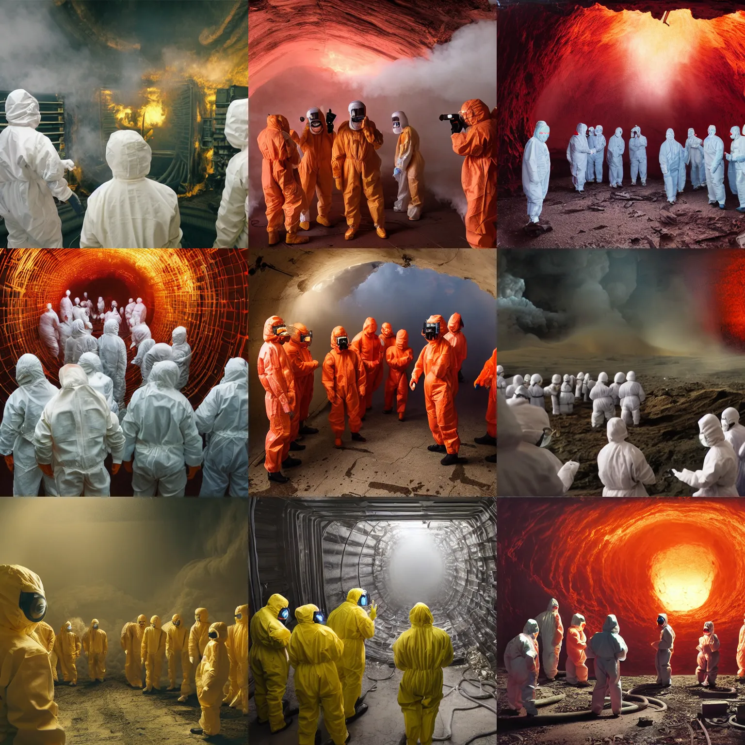 Prompt: wide - shot photo of a group of scientists in hazmat suits, studying a hell open rift portal, by shaun tan, codachrome, hellish, unsettling, otherworldly, smoke, machines, 8 k, hd, highly detailed,