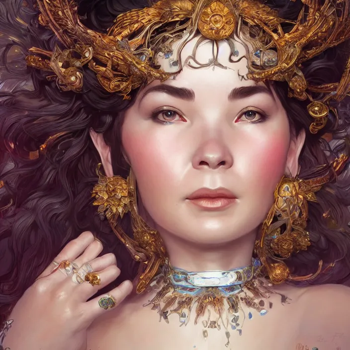 Image similar to goddess bjork, intricate, highly detailed, digital painting, trending on artstation, concept art, smooth, sharp focus, illustration, unreal engine 5, 8 k, art by artgerm and greg rutkowski and alphonse mucha