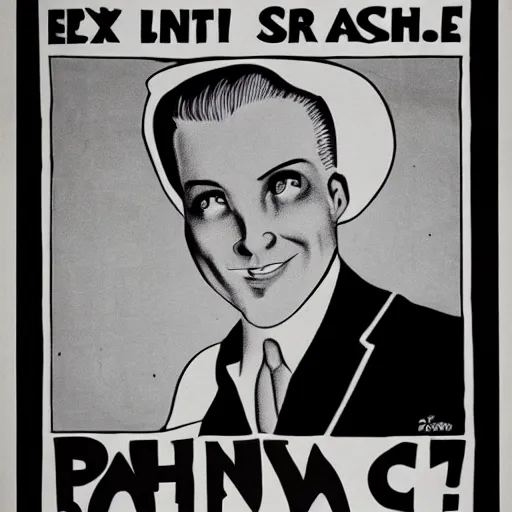 Image similar to Extremely pale human, flat preacher hat, unshaven, sly smile, evil aura, black and white poster art, cca 1930