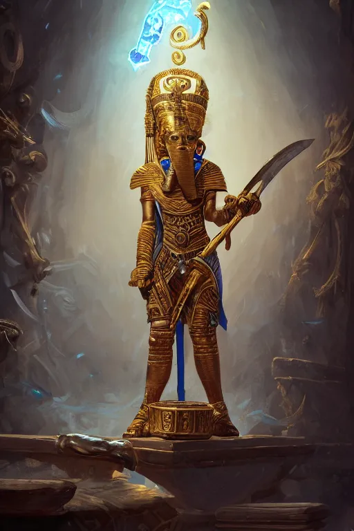 Image similar to fantasy greg rutkowski digital painting of an ornate and royal egyptian old twisted ornate engraved with gold wooden staff weapon with a radiant blue crystal on top tip hovering, unreal engine, hyper realism, realistic shading, cinematic composition, blender render, octane render, hdr, detailed textures, photorealistic, 3 5 mm film