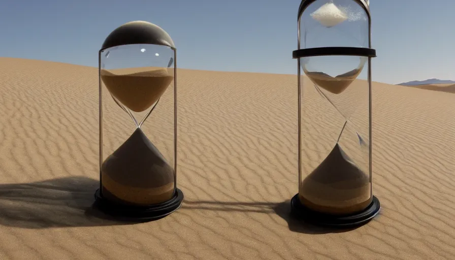 Prompt: a massive hourglass with the great sand dunes inside, slowly gathering at the bottom of the hourglass