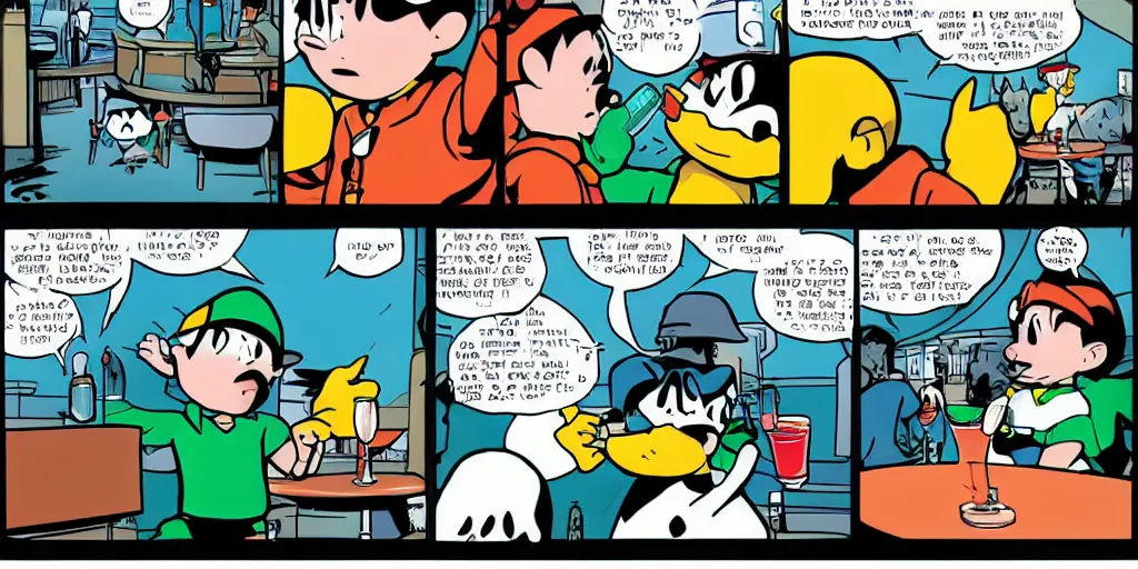 Image similar to Ness from Earthbound Aquaman and a Penguin having drinks at a bar, comic book style