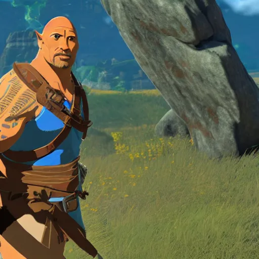 Image similar to dwayne the rock johnson as zelda breath of the wild character screenshot from zelda breath of the wild game