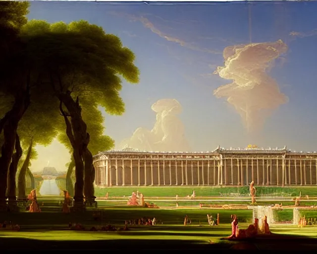 Prompt: infinite dimension of the late summer palace lawns, splendorous fountains and classical architecture, by thomas cole. huge looming futuristic architecture in the distance by simon stalenhag. luminism, genre painting, romanticism, naturalism, endless, neverending epic scale, volumetric lighting