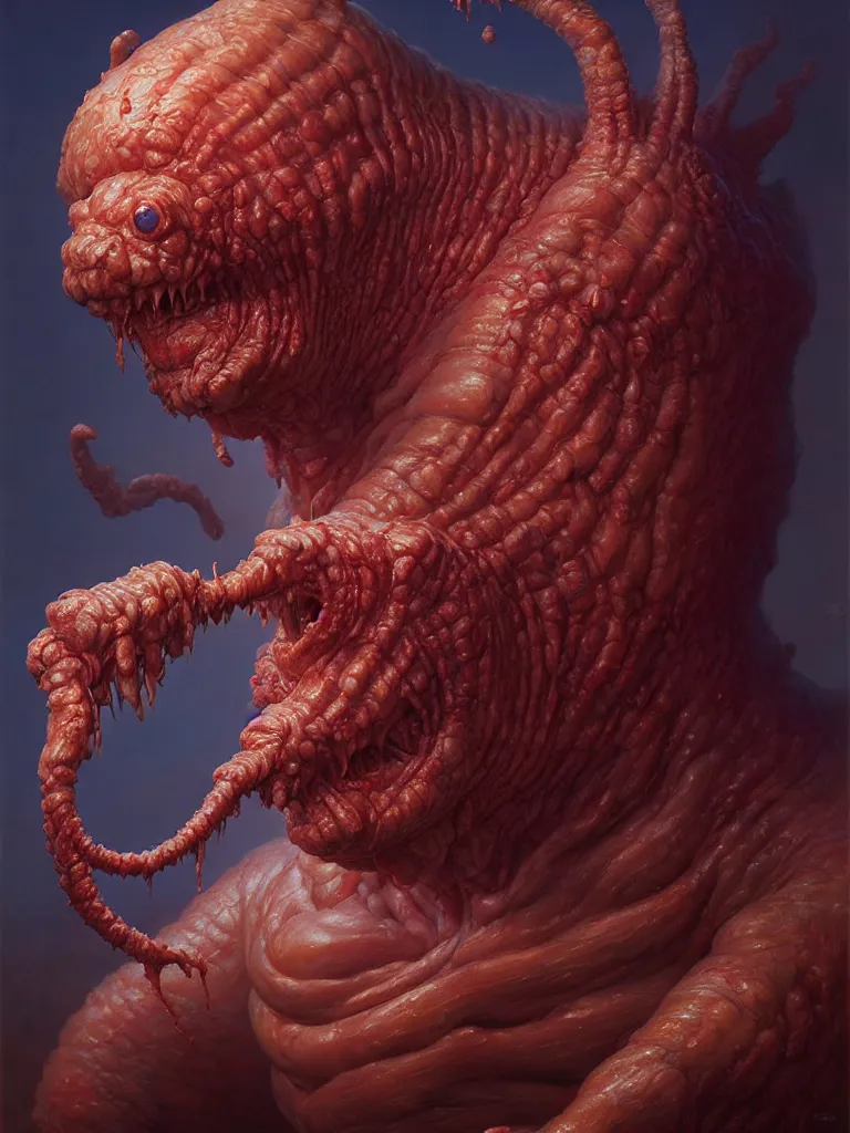 Image similar to hyperrealistic rendering, fat smooth cronenberg flesh monster final fantasy behemoth by donato giancola and greg rutkowski and wayne barlow and zdzisław beksinski, eyeballs, product photography, action figure, sofubi, studio lighting, colored gels, colored background