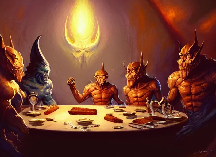 Prompt: a giant magical piece of toast at the head of the dinner table, all the dinner guests looking toward the toast, by marco bucci and frank frazetta, magic : the gathering fantasy concept art, high resolution, fantasy coloring, intricate, digital painting, artstation, smooth, sharp focus