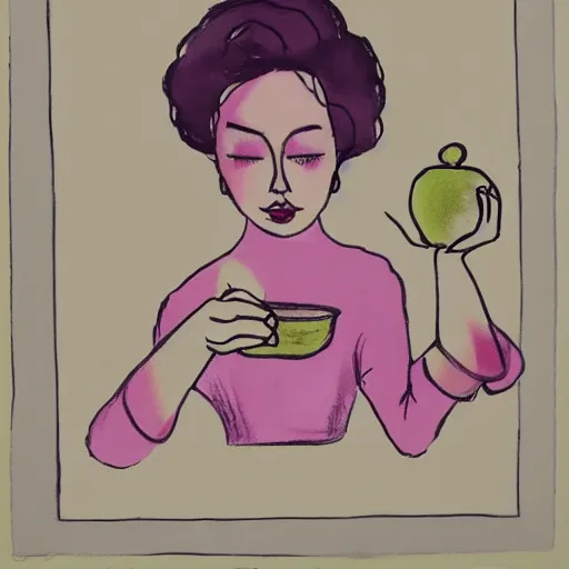 Image similar to beautiful lady, drinking tea, fruit basket, painting,, clean shapes, print, pastel colors, ink lines, markus gunnar, konstfack