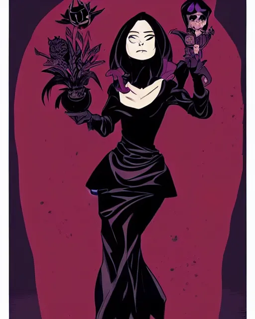 Prompt: style of mike mignola, artgerm : : gorgeous willa holland : : evil witch, swirling black magic, black dress : : symmetrical face, symmetrical eyes : : full body pose : : gorgeous black hair : : magic lighting, low spacial lighting : :