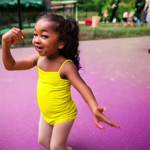 Prompt: A photo of a girl dancing with a frog