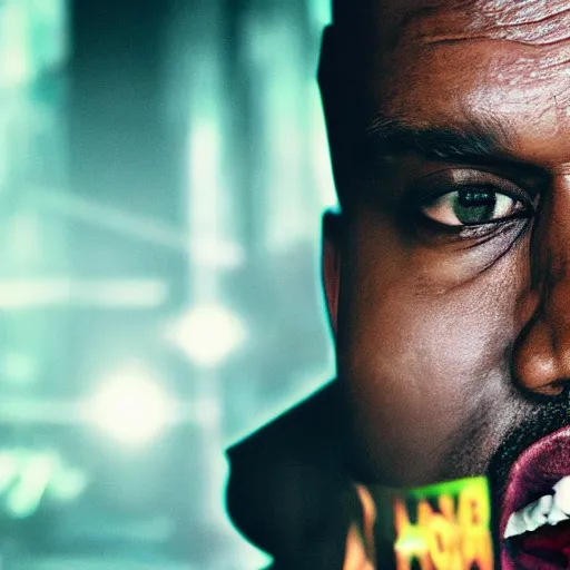 Image similar to Kanye West as the Joker, splash art, movie still, cinematic lighting, dramatic, octane render, long lens, shallow depth of field, bokeh, anamorphic lens flare, 8k, hyper detailed, 35mm film grain