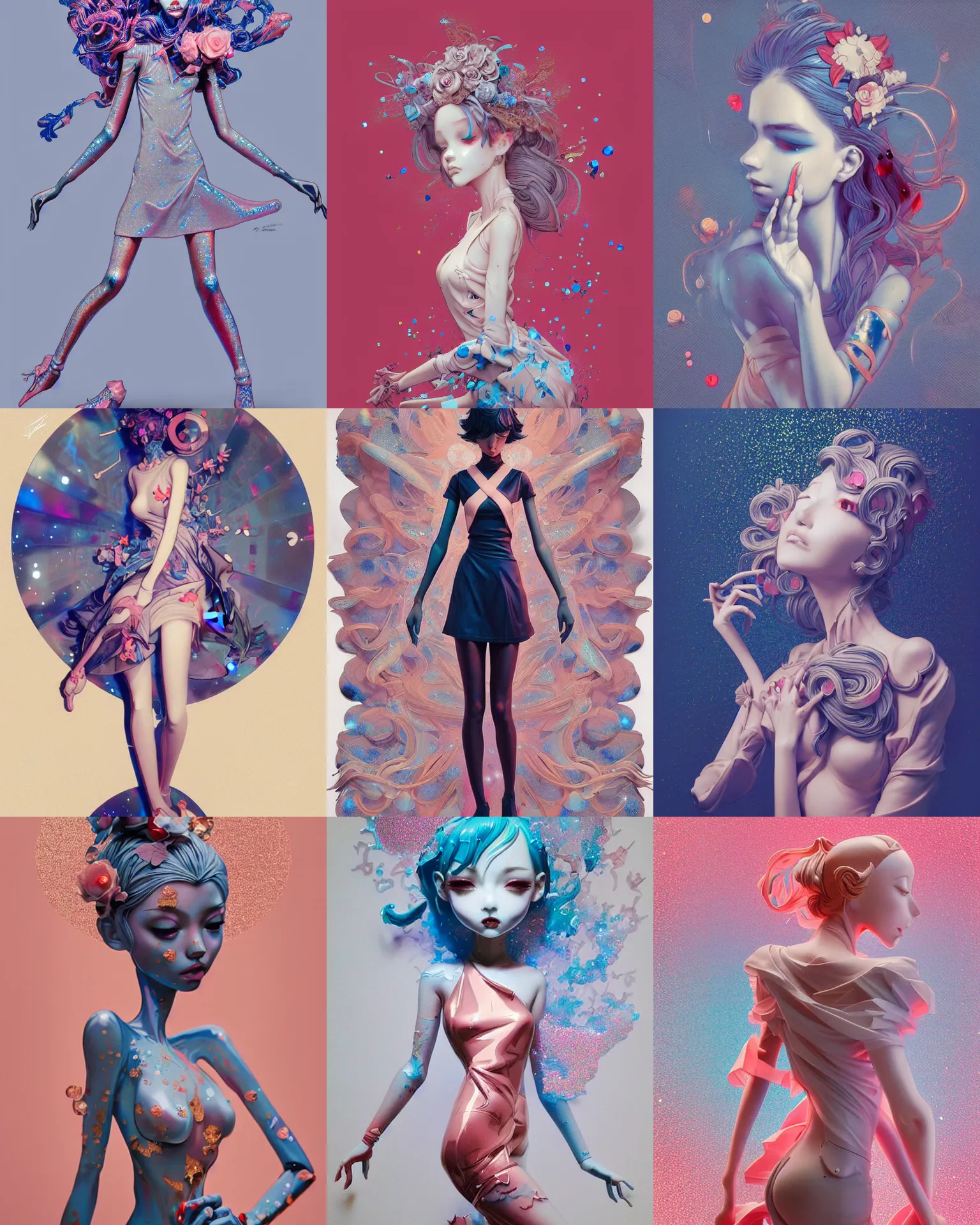 Prompt: james jean isolated vinyl figure wedding library, expert figure photography, dynamic pose, interesting color palette material effects, glitter accents on figure, anime stylized, accurate proportions artgerm realism, high delicate defined details, holographic undertones, ethereal lighting, editorial awarded