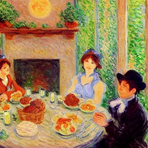 Image similar to harvest moon a wonderful life waifus eating dinner by a fireplace, warm place, tasty - looking food, happy, painted by claude monet