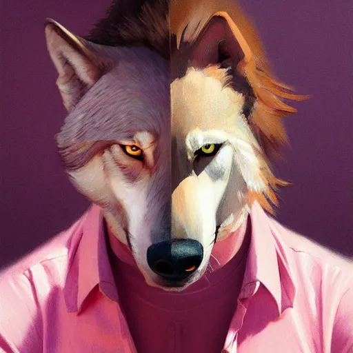 Prompt: painted portrait of realistic wolf wearing pink shirt ans smoking, intricate, digital painting, artstation, concept art, smooth, sharp focus, illustration, art by jean giraud, edward hopper, gaston bussiere and greg rutkowski