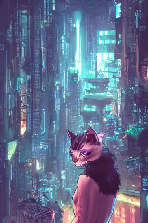 Image similar to a cyberpunk anthropomorphic cat with a fluffy tail staring over a futuristic city from the top of a roof, comic art, trending on furaffinity, cyberpunk, backlighting, cartoon, by kawacy