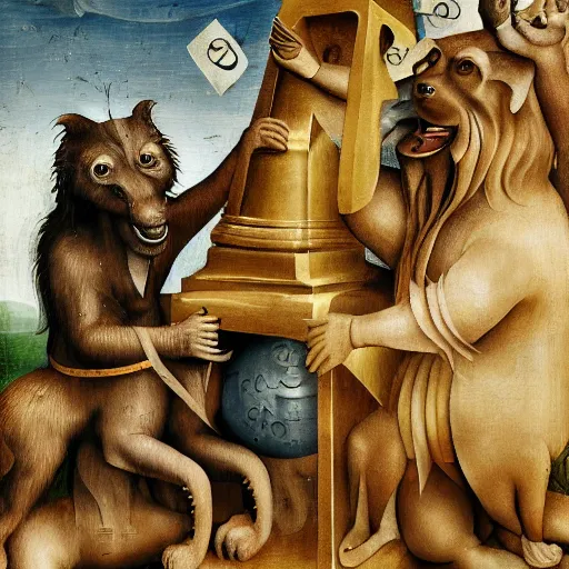 Image similar to anthropomorphic animals worshipping a monument to money, golden idol, by hieronymus bosch, ultra detailed, highly detailed, 8 k, trending on artstation, award - winning art,