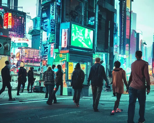 Image similar to front view of people walking down a cyberpunk street
