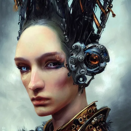 Image similar to portrait, headshot, insanely nice professional hair style, dramatic hair color, digital painting, of a old 17th century, old cyborg merchant, amber jewels, baroque, ornate clothing, scifi, realistic, hyperdetailed, chiaroscuro, concept art, art by Franz Hals and Jon Foster and Ayami Kojima and Amano and Karol Bak,