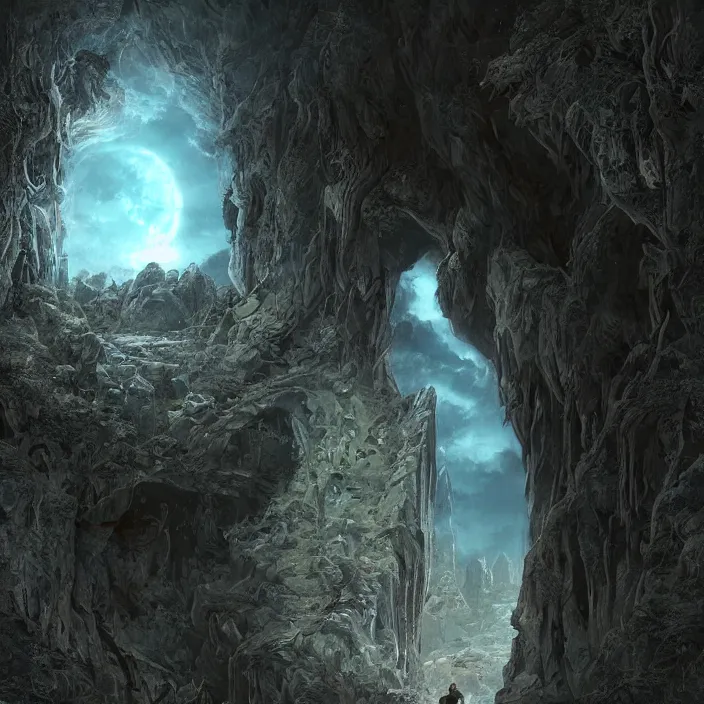 Image similar to gazing through a dark etherial stone archway to the void, pitch black night sky, quiet and serene atmosphere, intricate high detail matte painting masterpiece