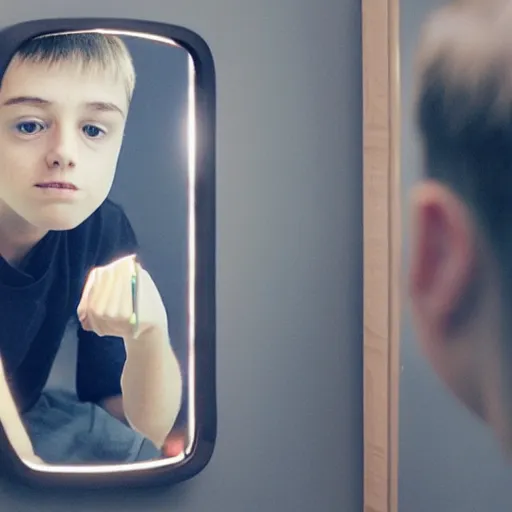 Prompt: a boy who doesn ’ t know he is a cyborg, looks into his reflection on a handheld mirror