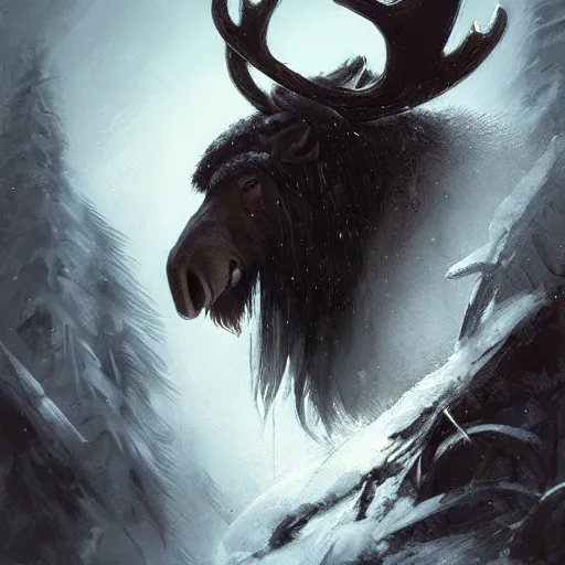 Image similar to hairy barbarian with moose helmet by greg rutkowski