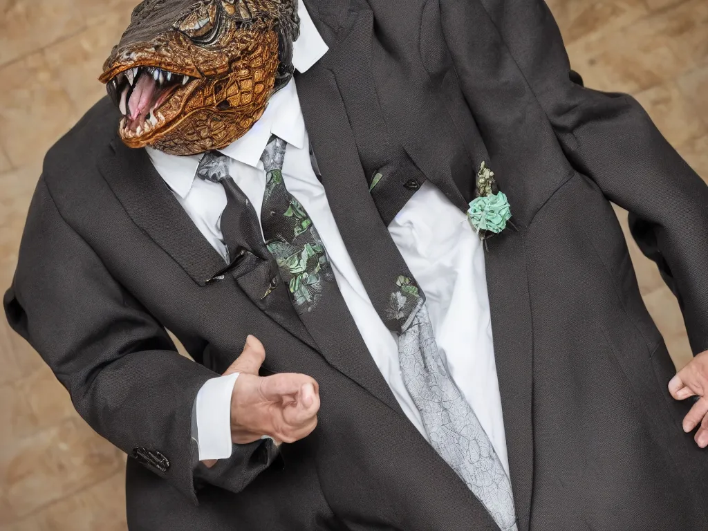Prompt: a handsome anthropomorphic alligator boyfriend hunk in a fancy suit, photo, 8K High Definition